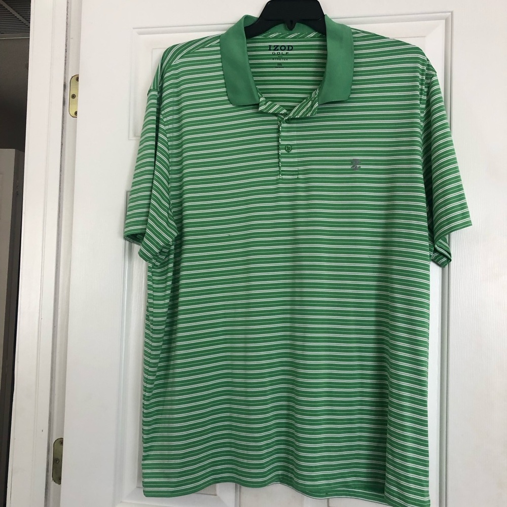 Men’s Izod Golf Shirt with Stretch Size XXL Green White Striped EUC Short Sleeve